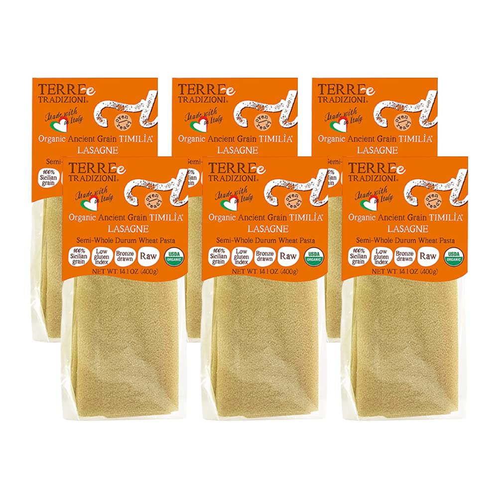TERRE E TRADIZIONI 6 PACKS ORGANIC ITALIAN SEMI WHOLE DURUM LASAGNA PASTA - Sicilian Ancient Grain Timilia Vegan Crafted in Italy. LOW-GLUTEN INDEX