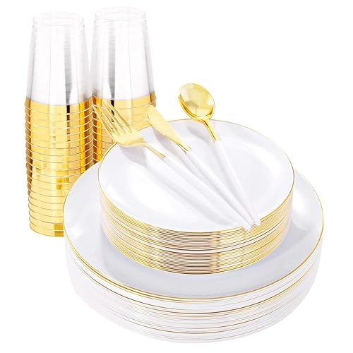 LIYH 180 Pcs White and Gold Plastic Plates Disposable - Dinnerware Set, Gold Plastic Silverware, Disposable Heavyduty Plates for Parties, Birthdays