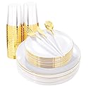 LIYH 180 Pcs White and Gold Plastic Plates Disposable - Dinnerware Set, Gold Plastic Silverware, Disposable Heavyduty Plates for Parties, Birthdays