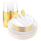 LIYH 180 Pcs White and Gold Plastic Plates Disposable - Dinnerware Set, Gold Plastic Silverware, Disposable Heavyduty Plates for Parties, Birthdays