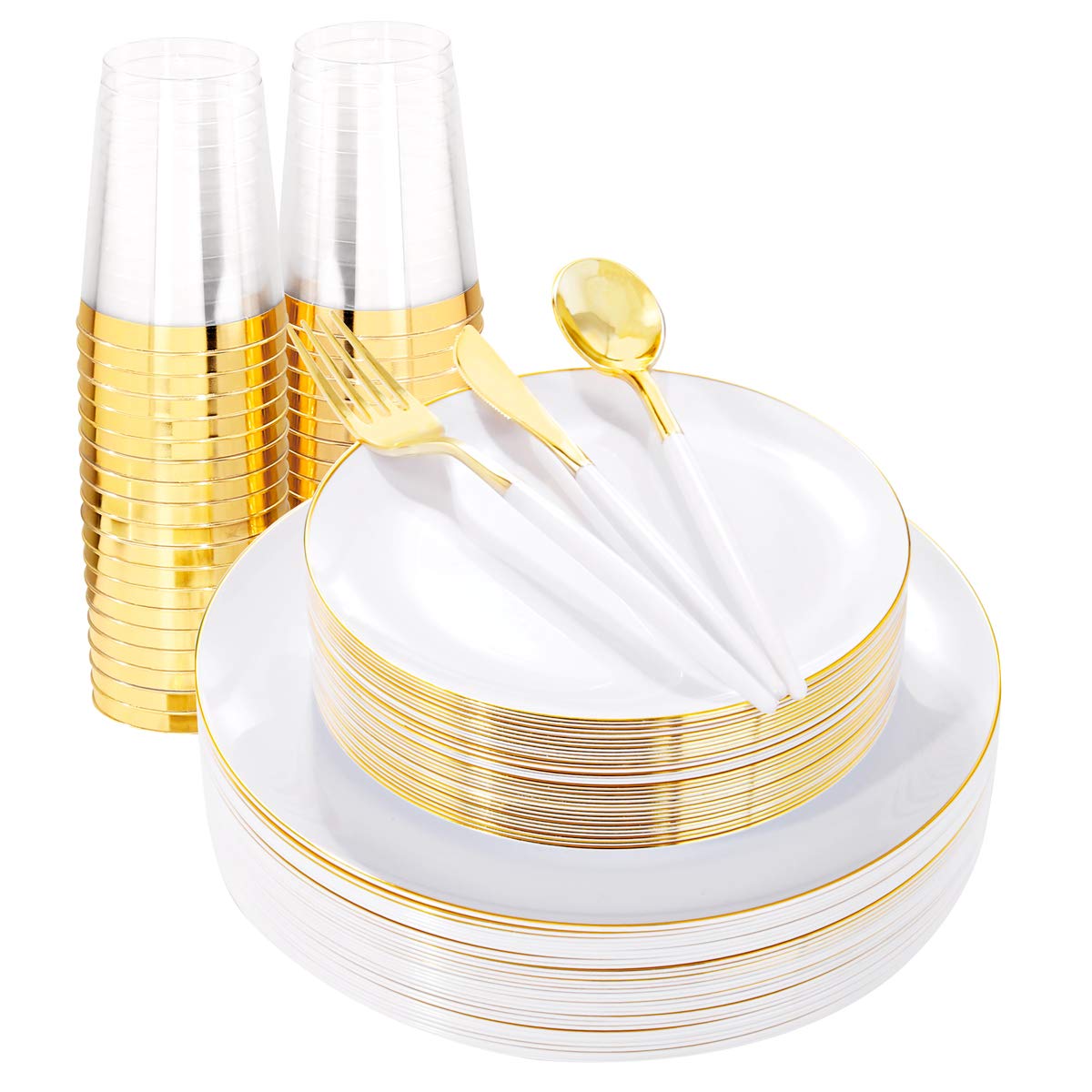 LIYH 180 Pcs White and Gold Plastic Plates Disposable - Dinnerware Set, Gold Plastic Silverware, Disposable Heavyduty Plates for Parties, Birthdays