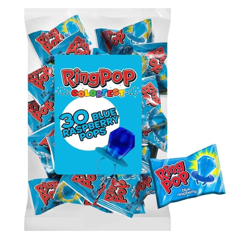 Ring Pop Individually Wrapped Blue Raspberry 30 Count Bulk Lollipop Pack - Blue Raspberry Flavored Lollipop Suckers for Kids - Fun Candy Bulk