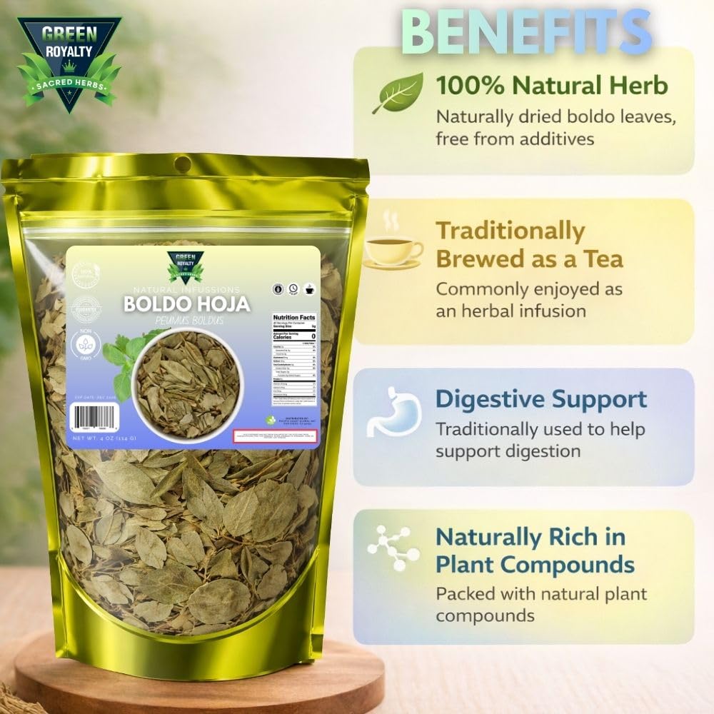 Green Royalty Boldo Hoja (Boldo Leaf) - Natural Dried Boldo Leaves for Herbal Tea & Infusions - Caffeine Free, Non-GMO - 4 oz (114 g)