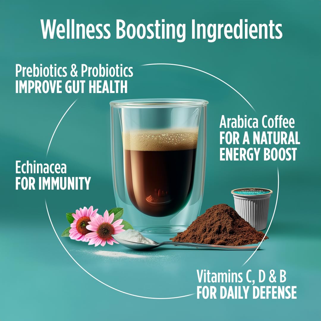 VitaCup Immunity Coffee Pods, Wellness Boost with Antioxidants, Echinacea, Probiotics, Vitamin C & D3, Medium Dark Roast, Single Serve Pod Compatible