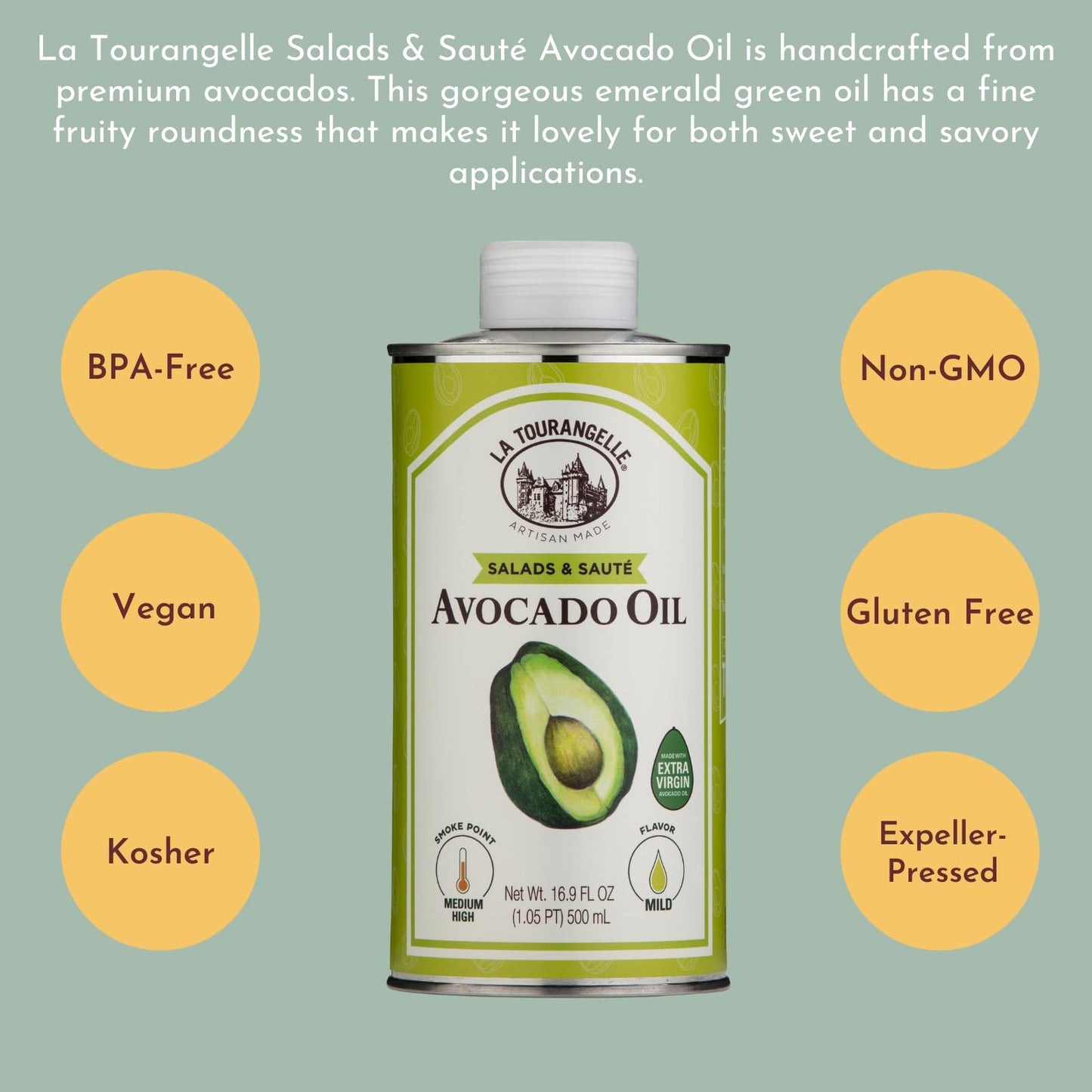La Tourangelle Avocado Oil 16.9 Fl Oz, All-Natural, Artisanal, Great for Salads, Fruit, Fish or Vegetables, Buttery Flavor
