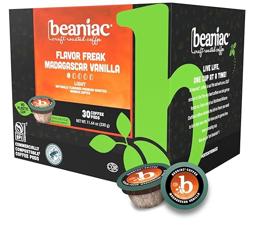 beaniac Flavor Freak Madagascar Vanilla, Flavored Light Roast, Single Serve Compostable K Cup Coffee Pods, Arabica Coffee with Natural Flavors, Keurig