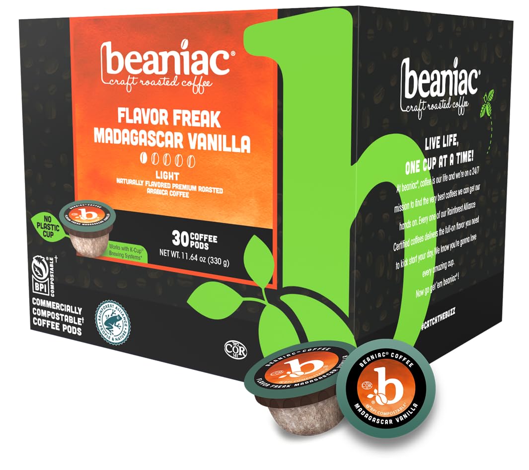 beaniac Flavor Freak Madagascar Vanilla, Flavored Light Roast, Single Serve Compostable K Cup Coffee Pods, Arabica Coffee with Natural Flavors, Keurig