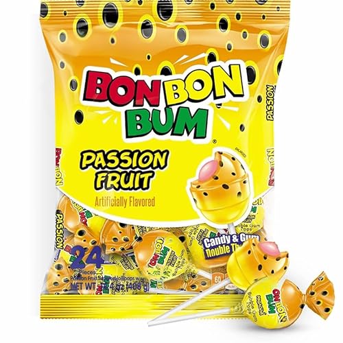 Bon Bon Bum - Fruity Lollipop with Bubble Gum center - Perfect for Parties and Sharing (24 Pieces, Maracuya (Passion Fruit))