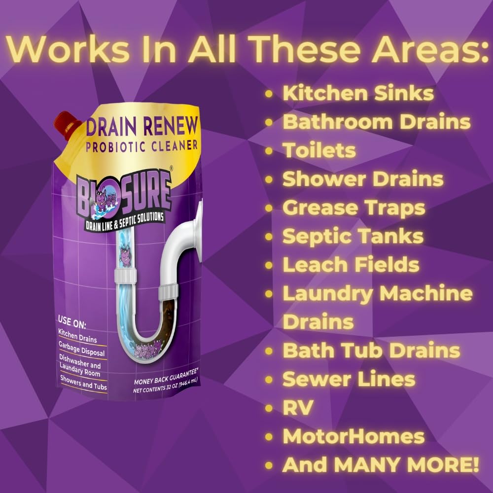 BIOSURE DRAIN RENEW Drain Line Maintenance and Septic Tank Treatment: The Ultimate Drain Cleaner for Your Drains, Showers, Sinks, and Toilets - Keep