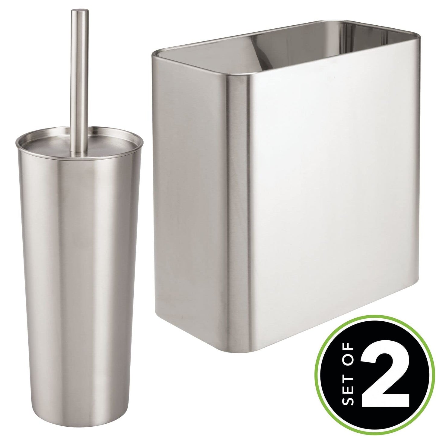 mDesign Modern Compact Freestanding MetalToilet Bowl Brush and Rectangle Open Wastebasket Garbage Can Combo Set for Bathroom Storage - Sturdy, Deep