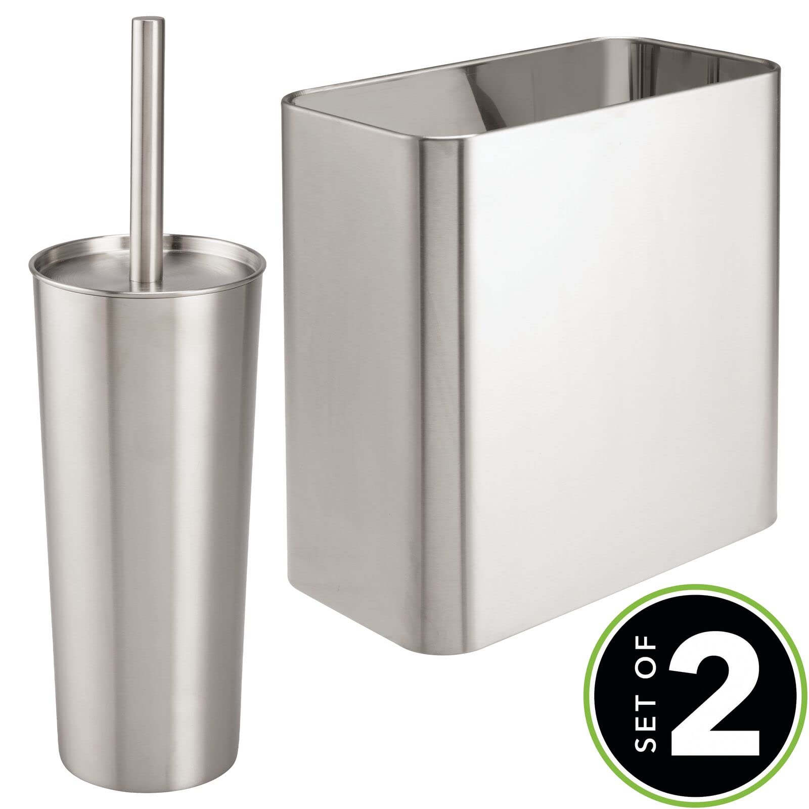 mDesign Modern Compact Freestanding MetalToilet Bowl Brush and Rectangle Open Wastebasket Garbage Can Combo Set for Bathroom Storage - Sturdy, Deep