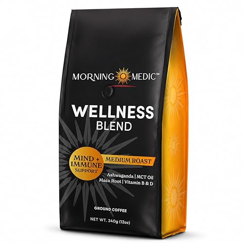 Morning Medic Wellness Coffee with Ashwagandha, MCT Oil, Maca Root, Vitamin B6, Vitamin B12, Vitamin D, and Cinnamon, Ground Coffee Medium Roast, 12