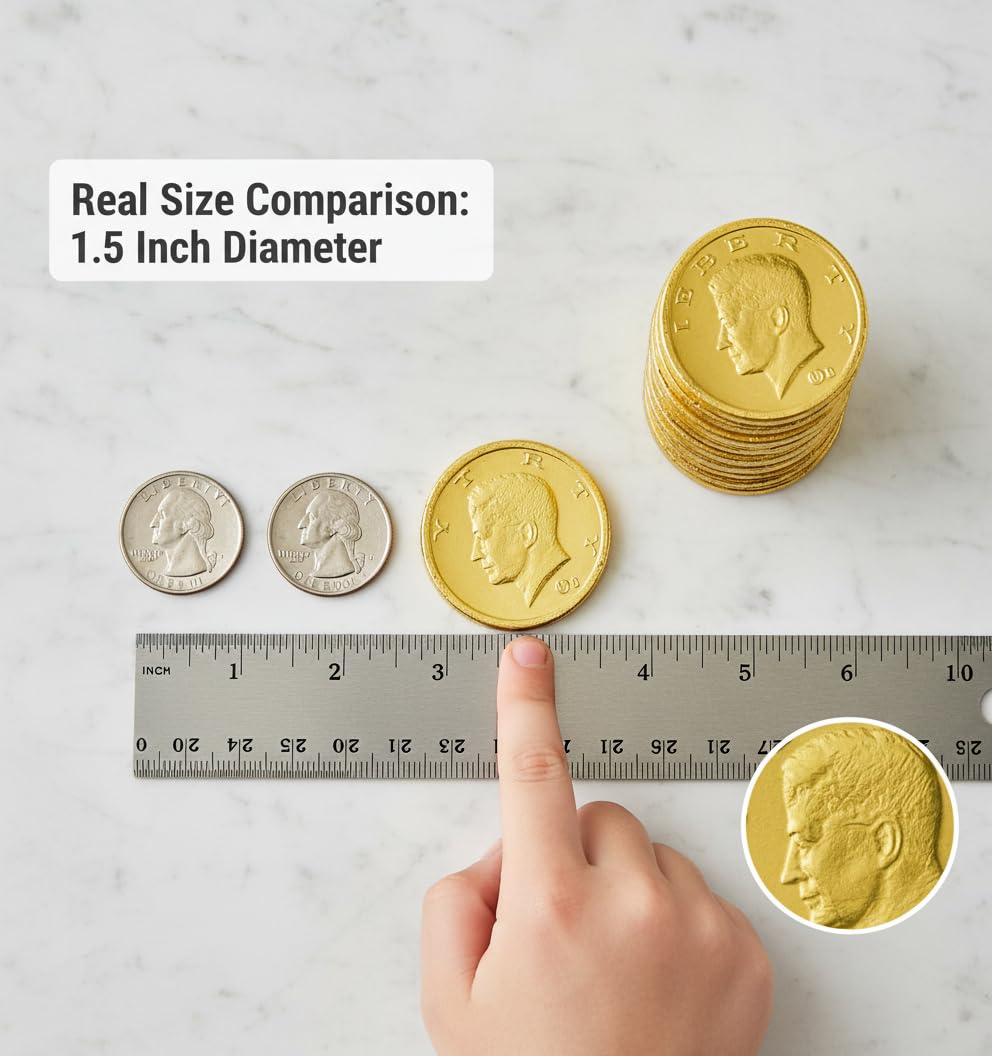 Large Chocolate Gold Coins, 32-Pack, Milk Chocolate Candy, 1.5 Inch Half Dollar Size, Gold Foil, Individually Wrapped Party Favors For Holidays, Candy