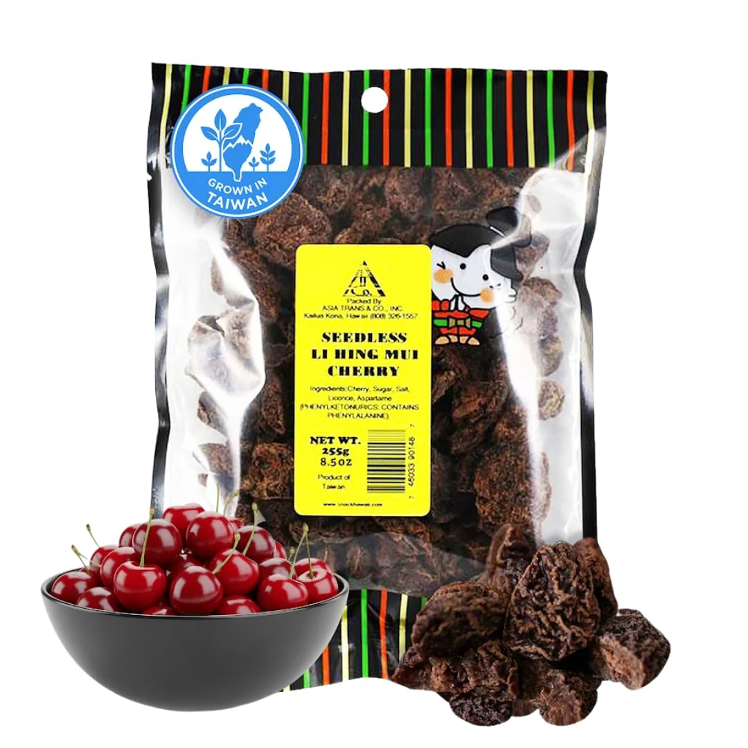 Asia Trans Seedless Li Hing Mui Cherry | Hawaiian Favorite | Naturally Sweet Dried Fruit Candy with Asian Plum Powder | 8.5 Ounce (Pack of 1)