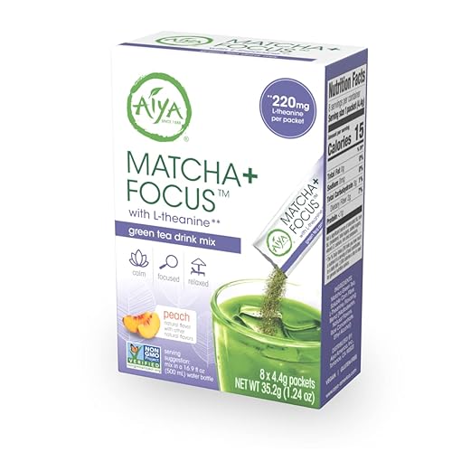 Aiya Matcha+ Focus™ - Peach Flavored Matcha Drink Mix with L-Theanine - 220mg L-Theanine - Natural Focus Booster - Premium Japanese Matcha Green Tea