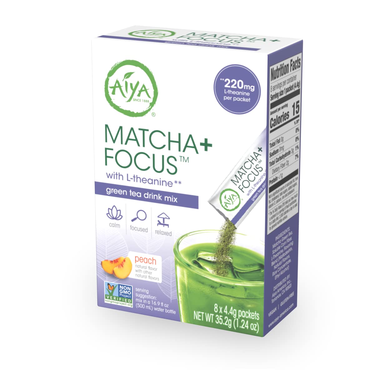 Aiya Matcha+ Focus™ - Peach Flavored Matcha Drink Mix with L-Theanine - 220mg L-Theanine - Natural Focus Booster - Premium Japanese Matcha Green Tea