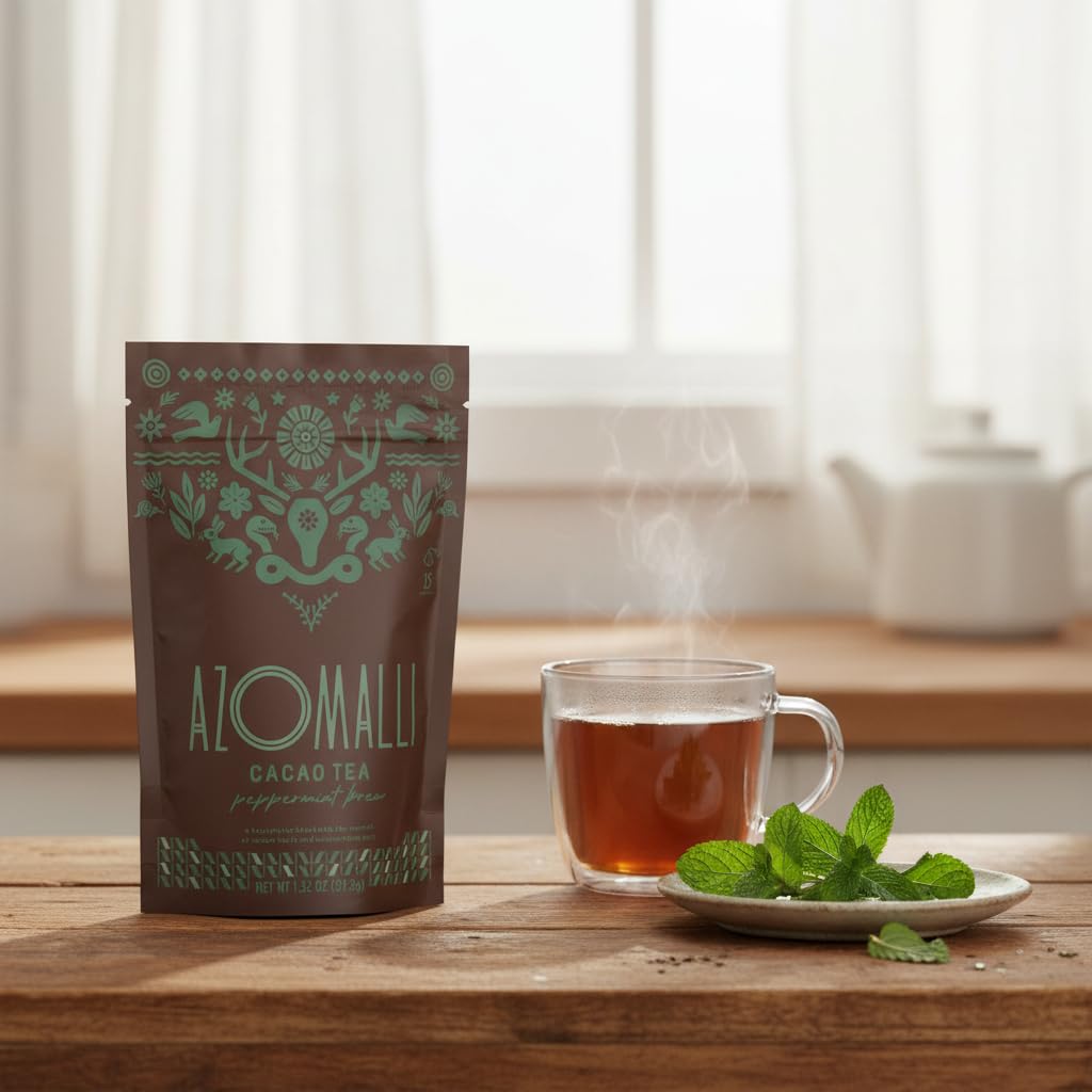 Peppermint Brew Cacao Shell Tea, Organic Cacao & Peppermint Herbal Blend, 15 Non-Toxic, Food-Grade Material Pyramid Sachets, Naturally Caffeine-Free