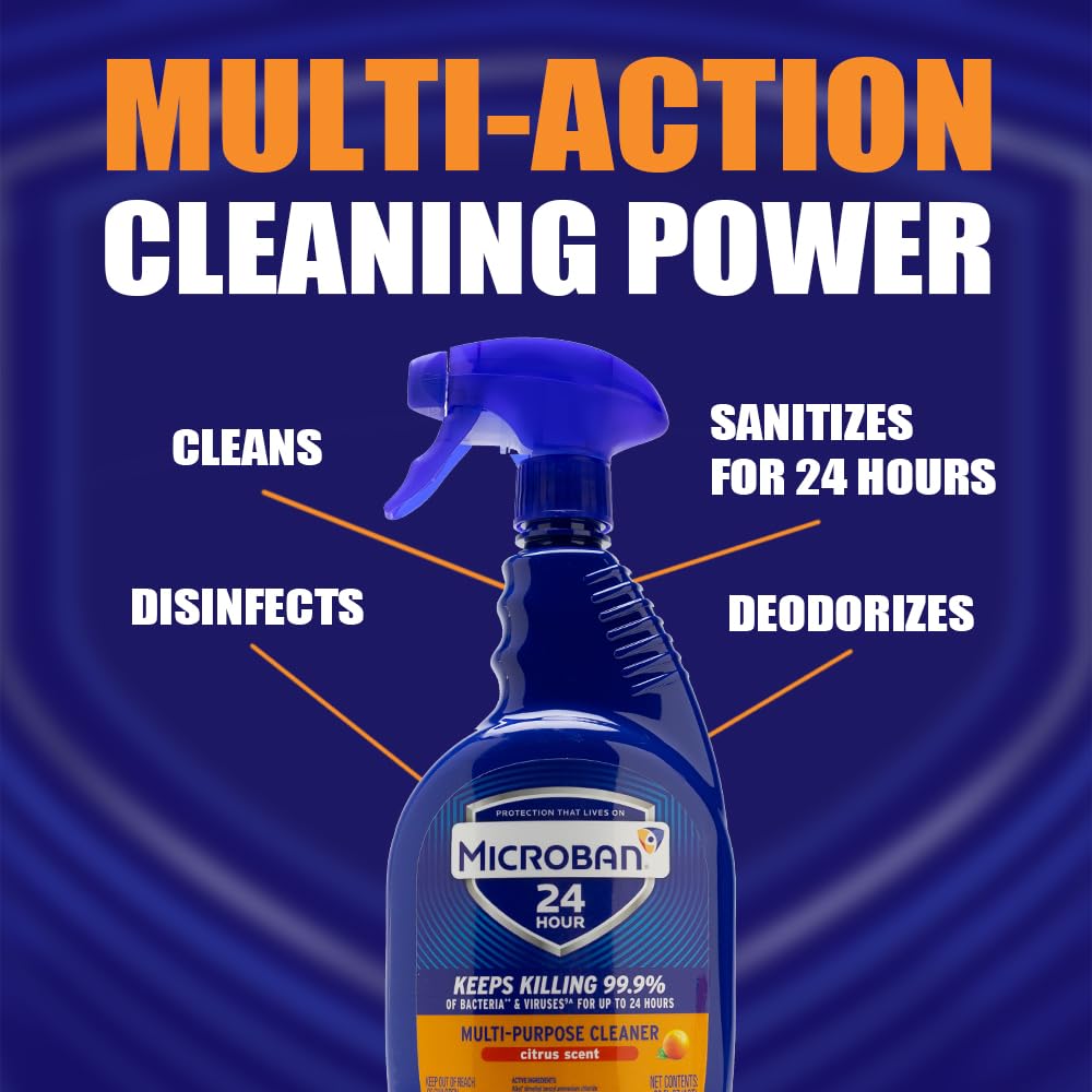 MICROBAN Multi-Purpose Cleaner, 32 oz., 2 Pack, Citrus, Penetrates Soap Scum, Greasy Soils and Reduces Odors, Keeps Killing 99.9% of Bacteria