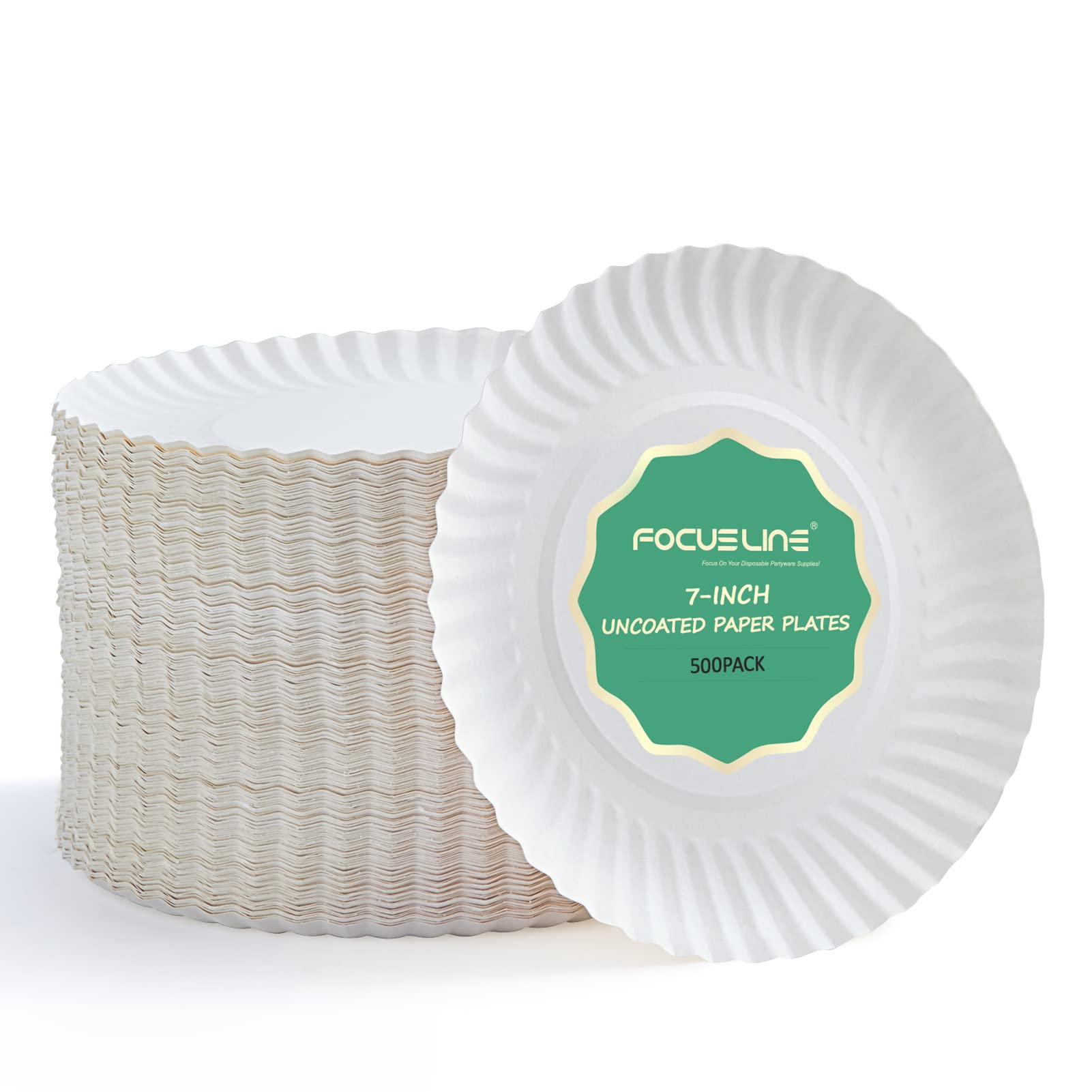 FOCUSLINE 7 Inch White Paper Plates, Uncoated Paper Plate, Everyday Disposable Dessert Plates 7" Plate Bulk, Pack of 500 Count