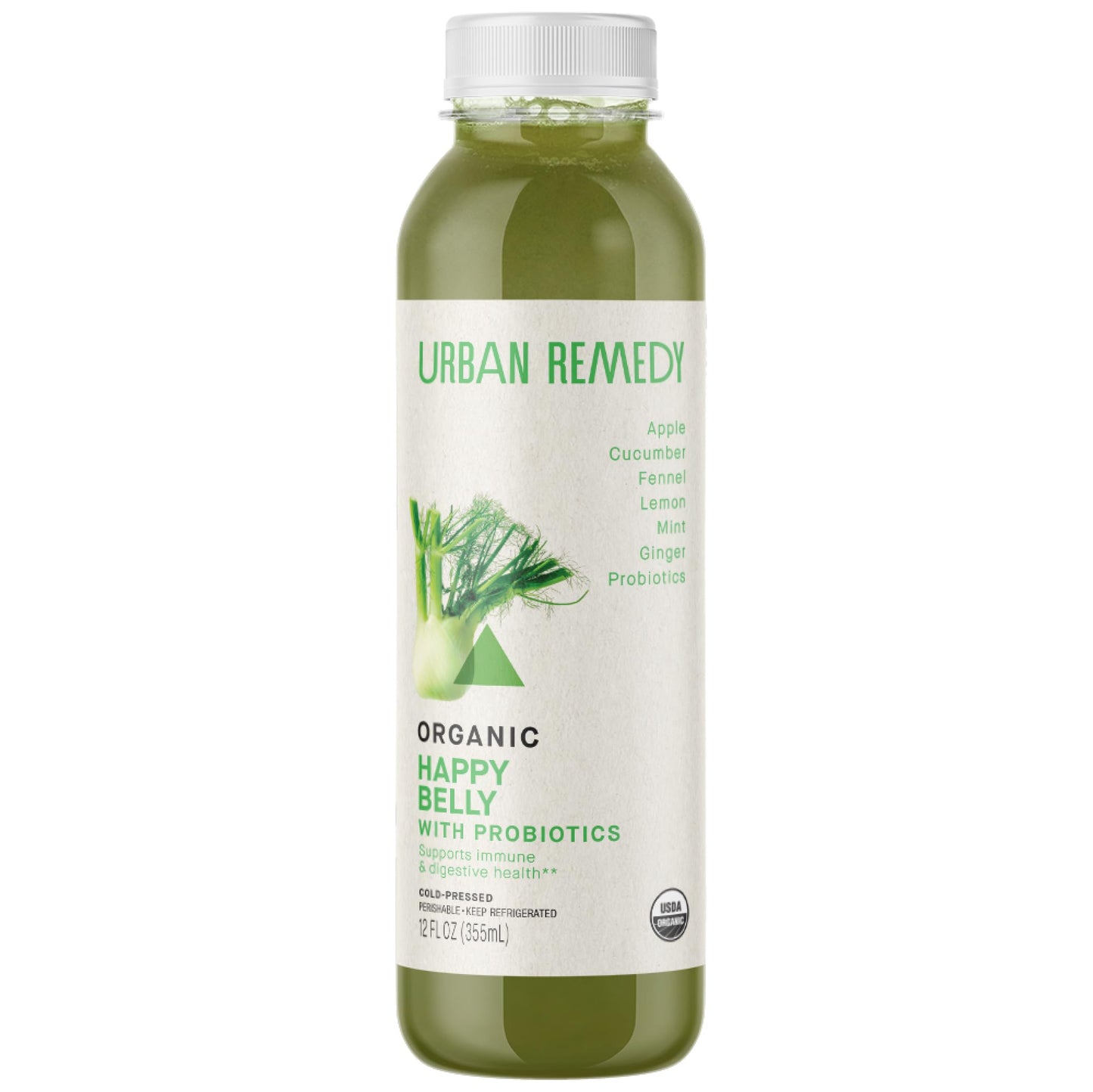 Urban Remedy Happy Belly Organic Juice with Probiotics, Cold-Pressed, 12 fl oz, Cucumber, Apple, Fennel, Ginger, Lemon & Mint Digestive Blend