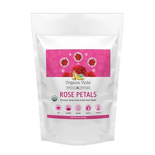 Organic Veda Dried Rose Petals, 4 oz - 100% Organic Real Edible Rose Petals - Food Grade USDA Rose Petal for Making Rose Water, Baking, Herbal Tea