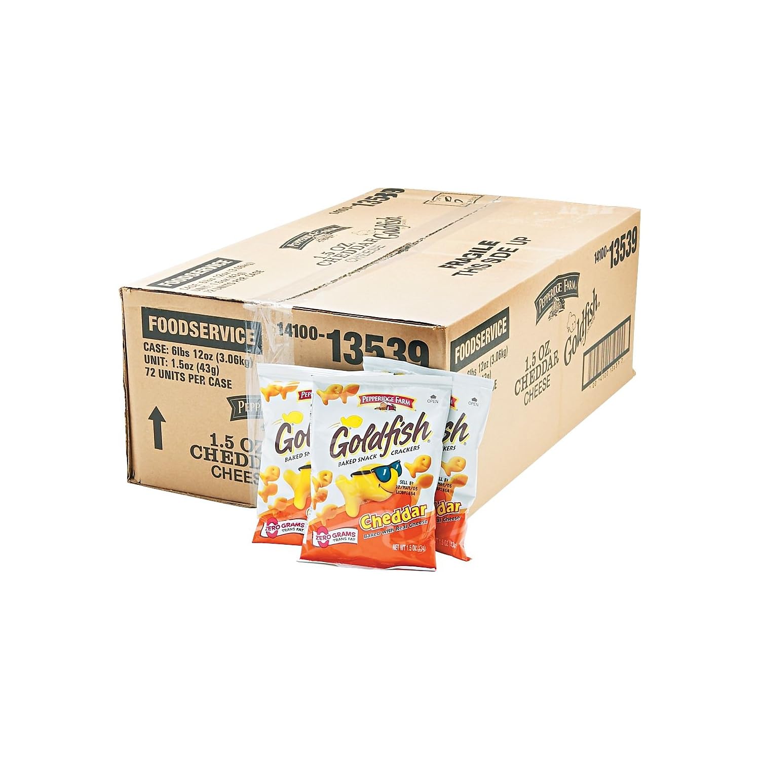 Pepperidge Farm 13539 Goldfish Crackers, Cheddar, Single-Serve Snack, 1.5oz Bag, 72/Carton
