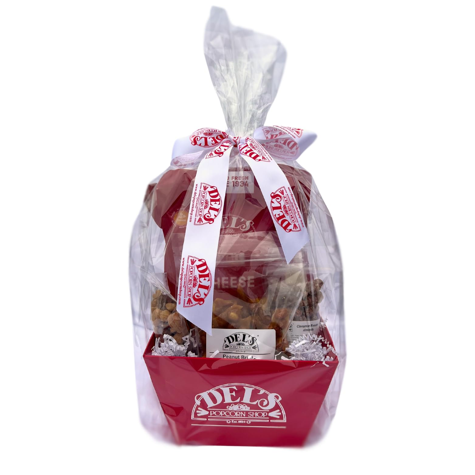 Gourmet Popcorn Gift Set - Wrapped and ready to gift! Est 1934 - Caramel Popcorn, Cheese Popcorn, Kettle Corn, Peanut Brittle, Cinnamon Roasted