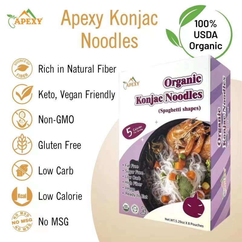 Apexy Organic Shirataki Konjac Noodle 8 Pouches Total 42.24oz. Low Calorie, Low-Carb Gluten Free, Vegan, Keto and Paleo-Friendly. (Spaghetti Shapes)