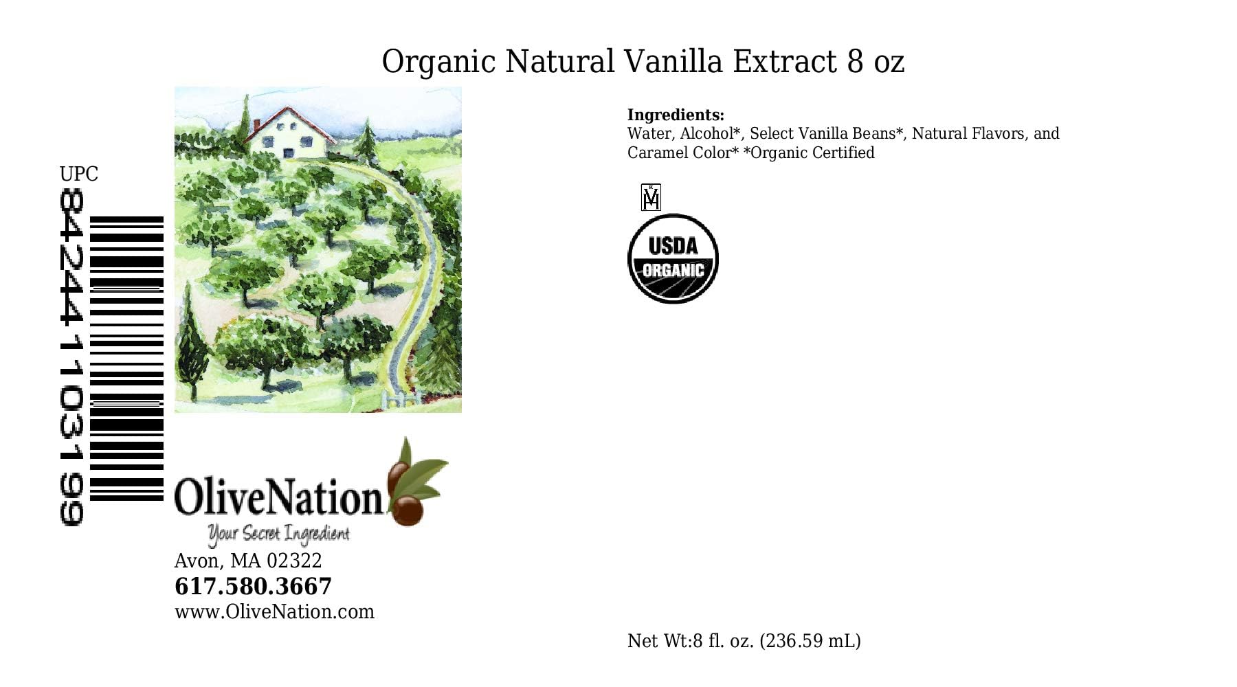 OliveNation Organic Vanilla Extract from Natural Bourbon Madagascar Vanilla Beans, Non-GMO, Gluten Free, Kosher, Vegan - 8 ounces