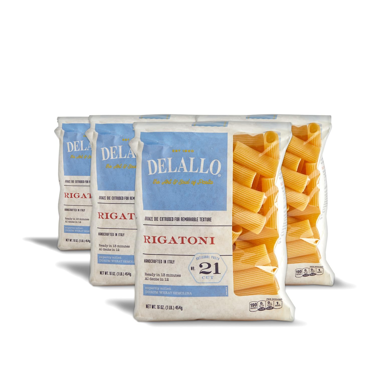 DeLallo Rigatoni Pasta, 1 Pound Bag, 4 Pack, Made in Italy, Cooks in 13 Minutes, Made with Durum Wheat Semolina Flour, Al Dente Texture, Non-GMO