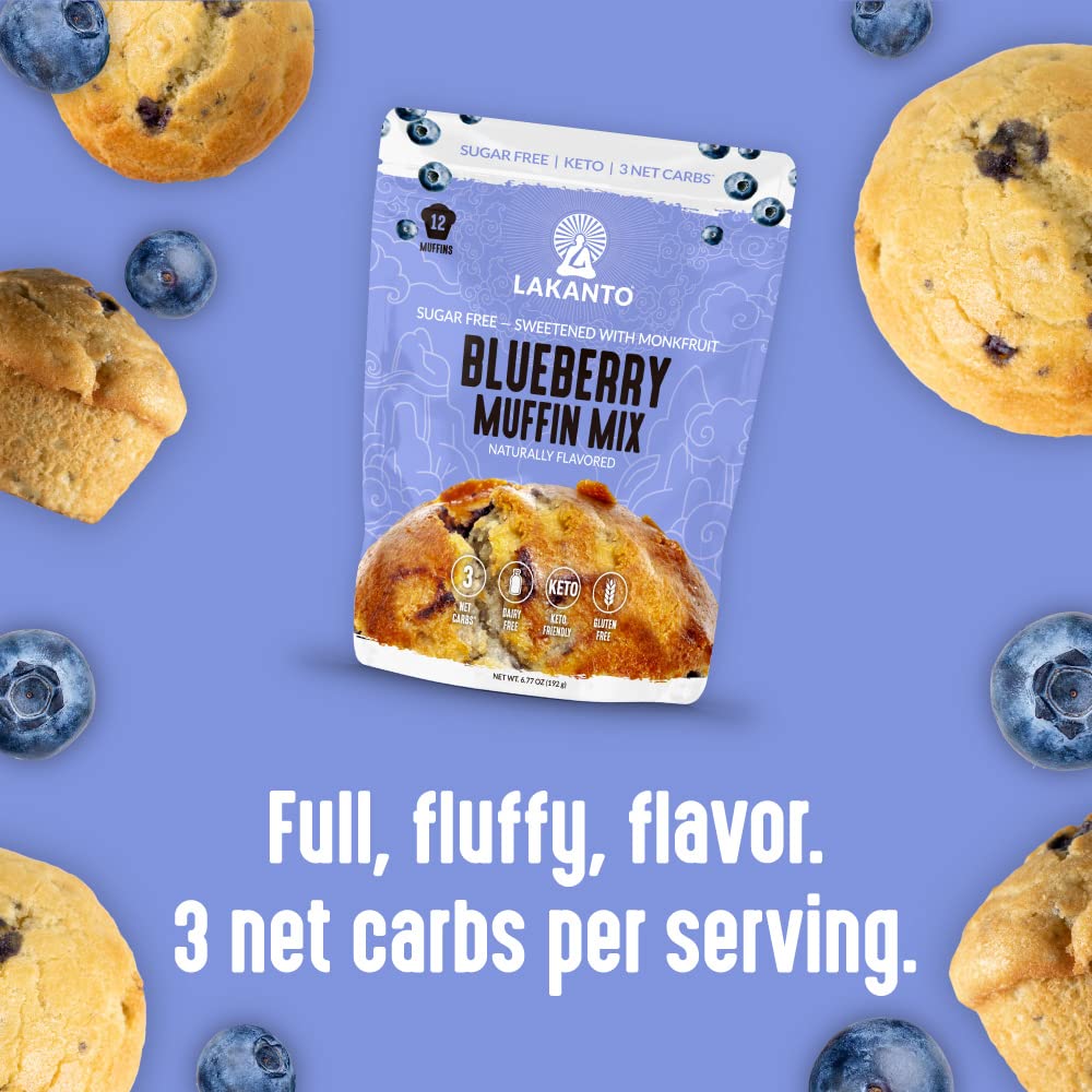 Lakanto Sugar Free Blueberry Muffin Mix - Naturally Flavored, Sweetened with Monk Fruit Sweetener, Keto Diet Friendly, Low Net Carbs, Gluten Free, Breakfast Food, Delicious, Easy to Make (6.77 oz)