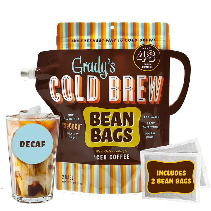 GRADY’S COLD BREW, New Orleans Styel - DECAF, 100% Arabica Ground Coffee & Chicory Pouches | All-in-One Cold Brew Mini Kit with 2 Easy-to-Brew Beans