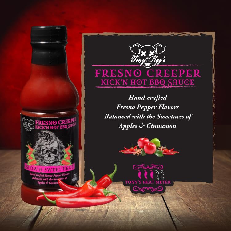 Tony Piggs Hot BBQ Sauce Fresno Creeper Flavor (19oz)- Great Condiment Topping for Wings, Ribs & Burgers at Parties- Barbecue Sauce w Hot Sauce Heat