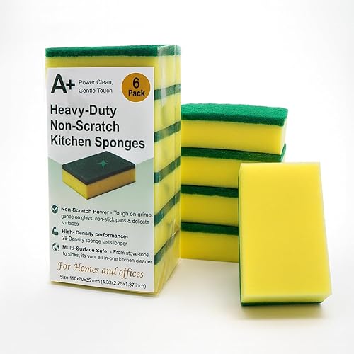A Plus Kitchen Cleaning Sponge, Heavy Duty Non-Scratch Sponge for Non-Stick & Delicate Surfaces (When Used Gently), High Density, Dual-Side
