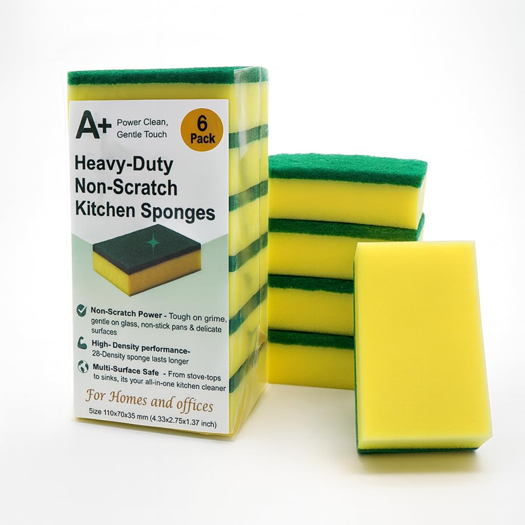 A Plus Kitchen Cleaning Sponge, Heavy Duty Non-Scratch Sponge for Non-Stick & Delicate Surfaces (When Used Gently), High Density, Dual-Side