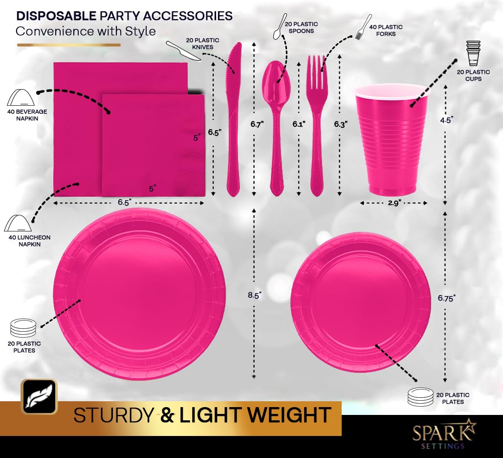 Bright Pink Party Supplies Set Paper Plates Plastic Cups Forks Knives Spoons Napkins Tablecloth Serves 20 Guests Disposable Dinnerware Set of 222