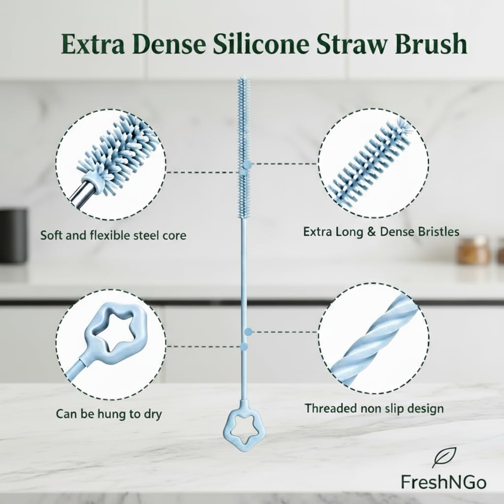 FreshNGo Silicone Straw Cleaner Brush, 4-Pcs Reusable Extra-Long Brush for Cleaning Metal & Glass Straws, Milkshake & Tumbler, 6mm+9mm (4, Blue)