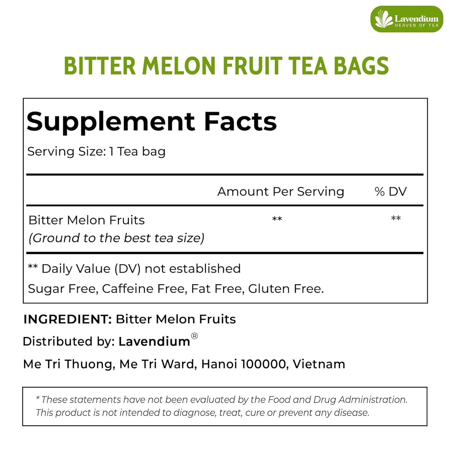 Lavendium, Premium 60 Bitter Melon Tea Bags, 100% Natural & Pure Bitter Melon Fruit, No Additives or Preservatives, Non-GMO, Caffeine-Free