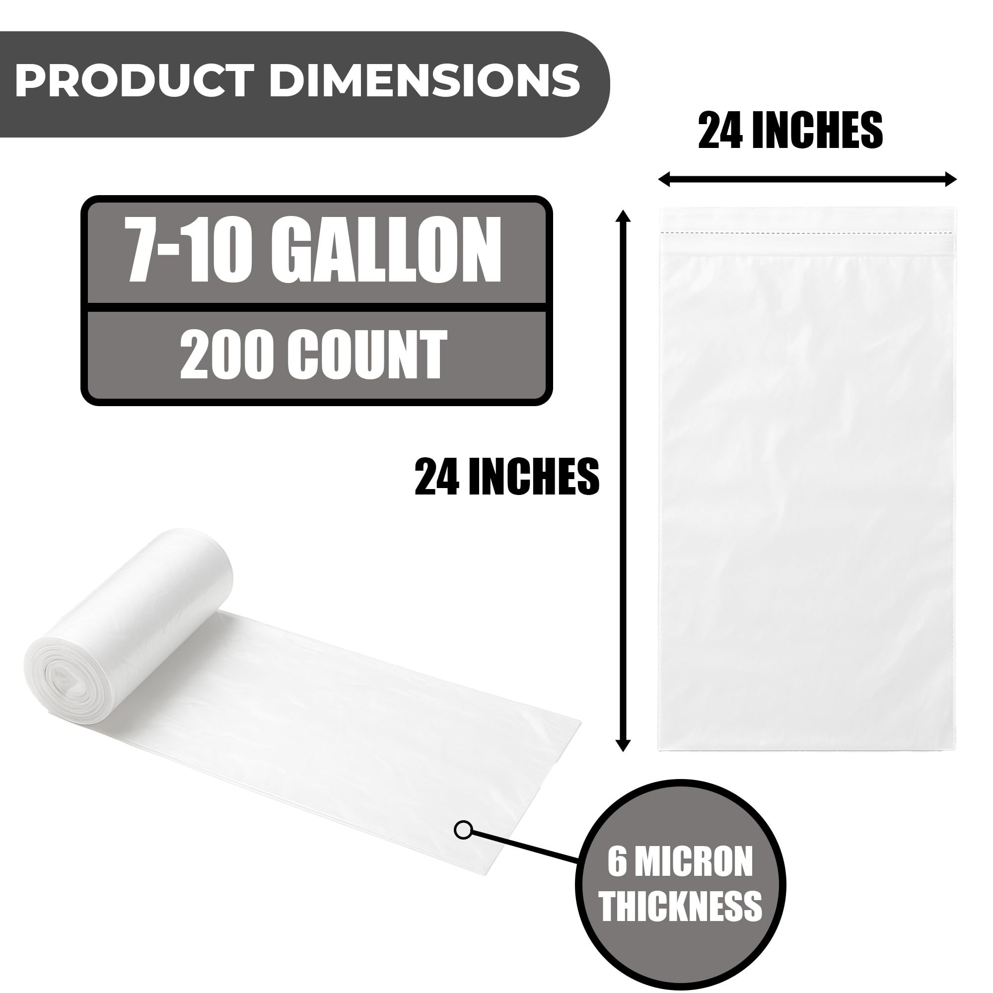 7-10 Gallon Clear Trash Bags (200 Count) - Small Kitchens, Bathrooms, Offices and Breakrooms 6-micron disposable liners; Leak-Resistant Wastebasket