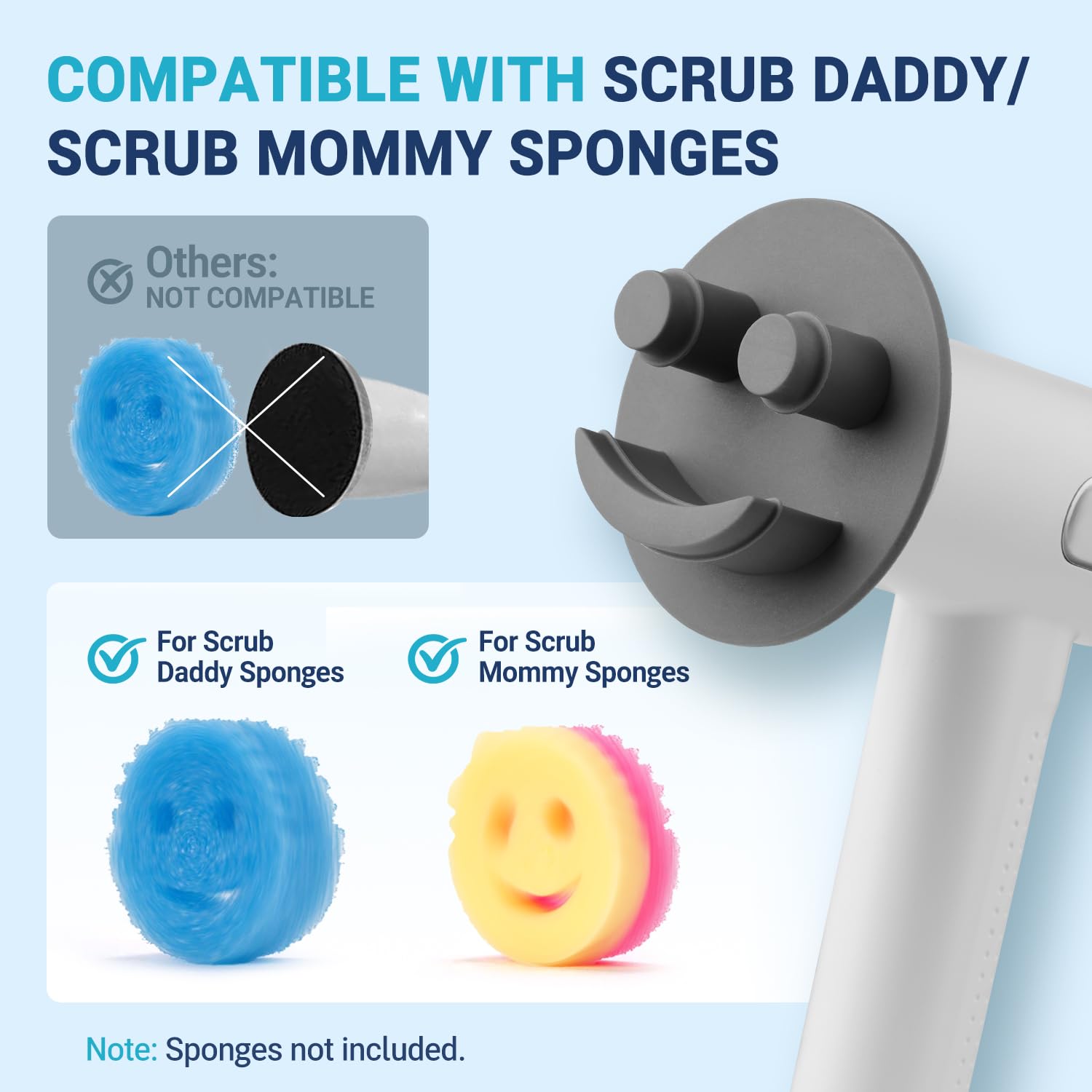 Electric Spin Scrubber Compatible with Scrub Daddy/Mommy, Coinicxcel 2-Speed Option IP7X Waterproof Smile Sponge Dish Wand Holder with 4 Replaceable