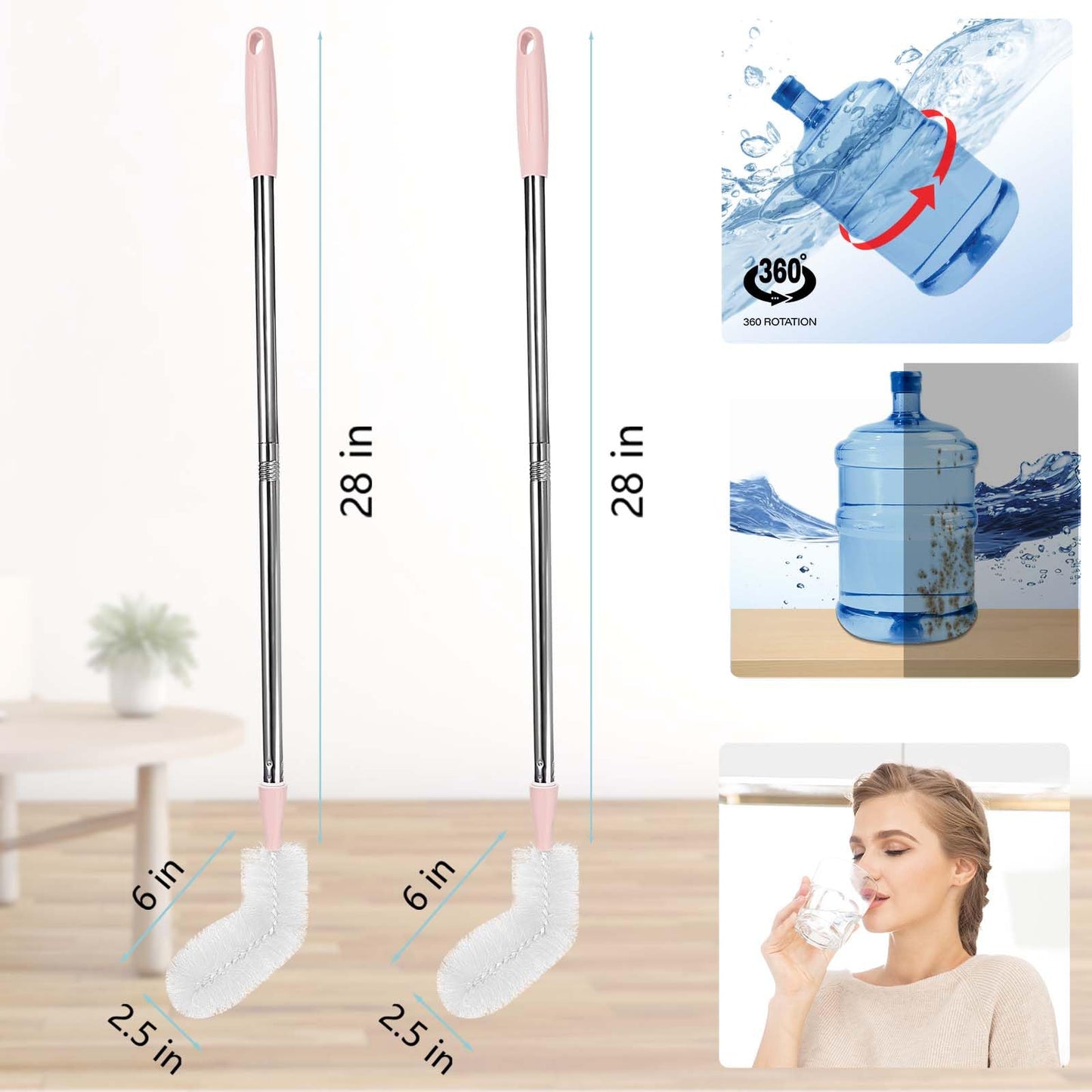 Cuitrent Stainless Steel Bucket Brush, 28 inch, 2 Pack, Nylon Bristles, Plastic Handle, Bendable Head, Suitable for 1 to 5 Gallon Buckets