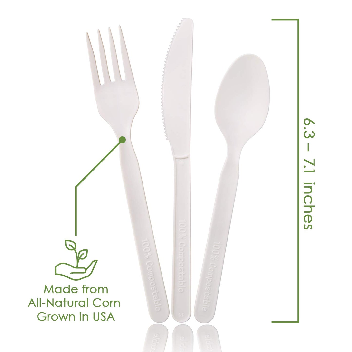 Ecovita 100% Compostable Forks Spoons Knives Cutlery Combo Set - 380 Large Disposable Utensils (7 in.) Eco Friendly Durable and Heat Resistant