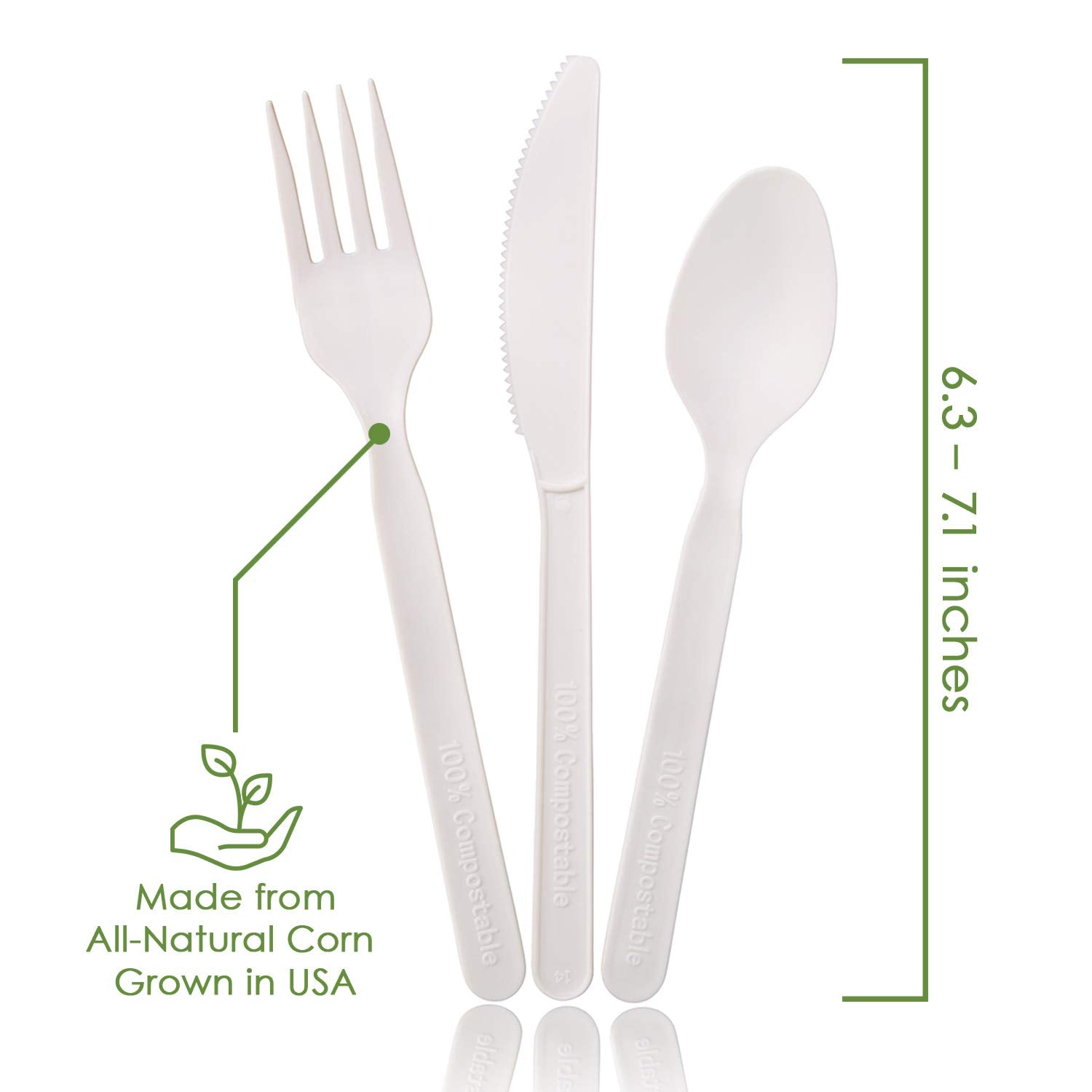 Ecovita 100% Compostable Forks Spoons Knives Cutlery Combo Set - 380 Large Disposable Utensils (7 in.) Eco Friendly Durable and Heat Resistant