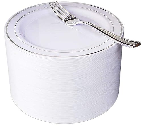 Nervure 204PCS Silver Plastic Plastes - 102PCS Disposable Silver Dessert Plates with 102PCS Plastic Forks Perfect for Salads, Desserts, Catering