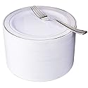 Nervure 204PCS Silver Plastic Plastes - 102PCS Disposable Silver Dessert Plates with 102PCS Plastic Forks Perfect for Salads, Desserts, Catering