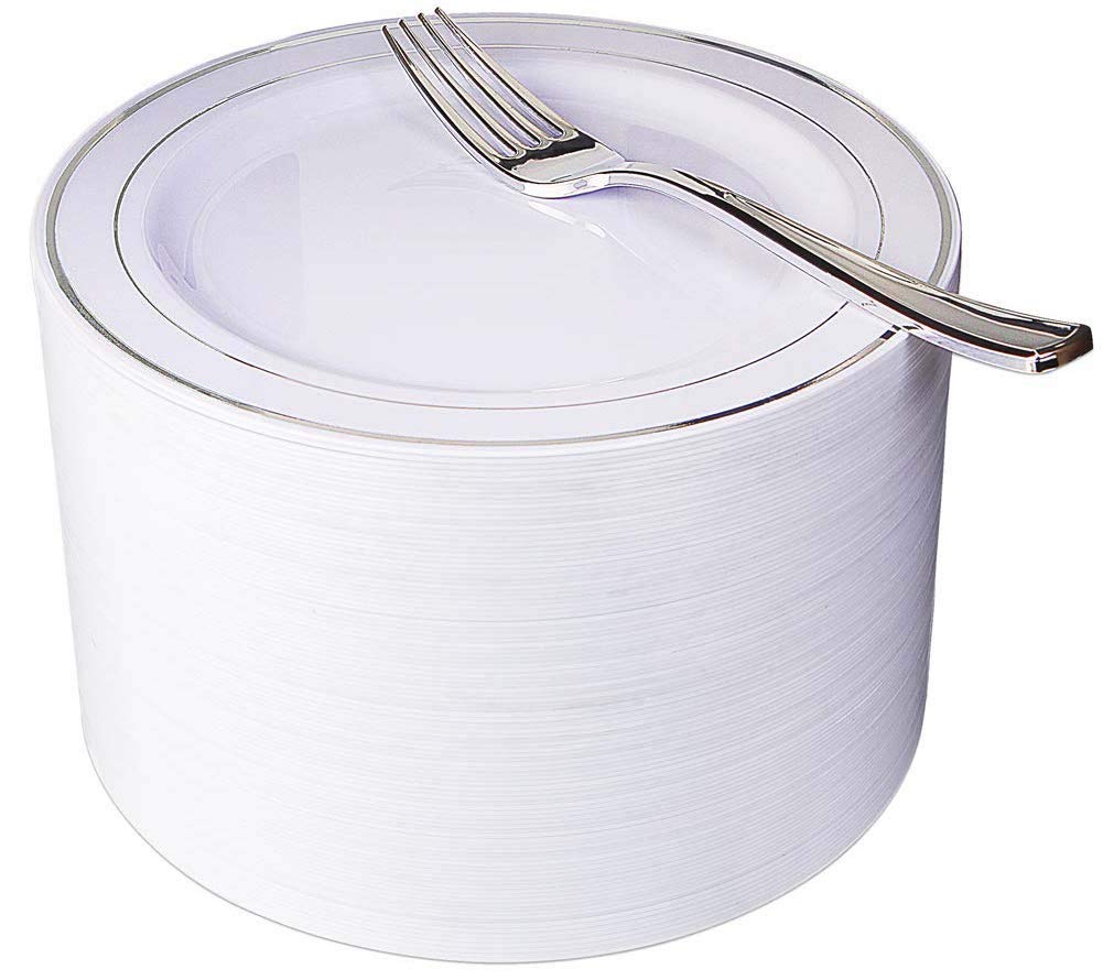 Nervure 204PCS Silver Plastic Plastes - 102PCS Disposable Silver Dessert Plates with 102PCS Plastic Forks Perfect for Salads, Desserts, Catering