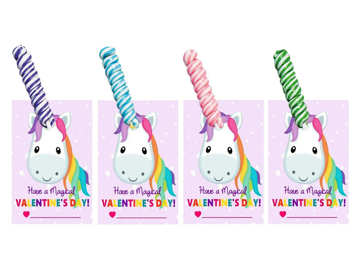 16 Unicorn Valentine Cards With Candy Mini Twisty Pop Sucker for Kids Classroom Party - Set of Exchange Cards with Candy for 16 Children