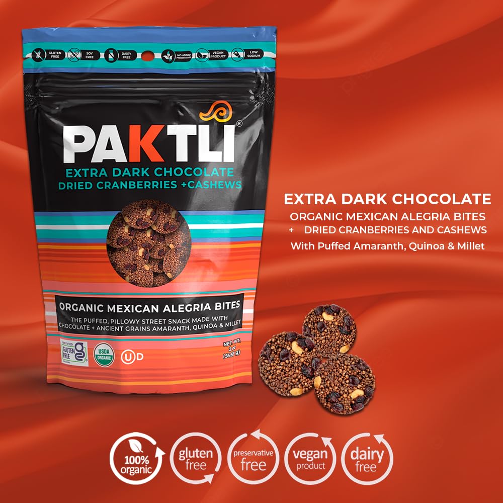 Paktli Organic Alegría Bites 8-Pack - Extra Dark Chocolate with Cranberries & Cashews, Eight 2oz Bags, Organic Ancient Grain Snack, Amaranth, Quinoa