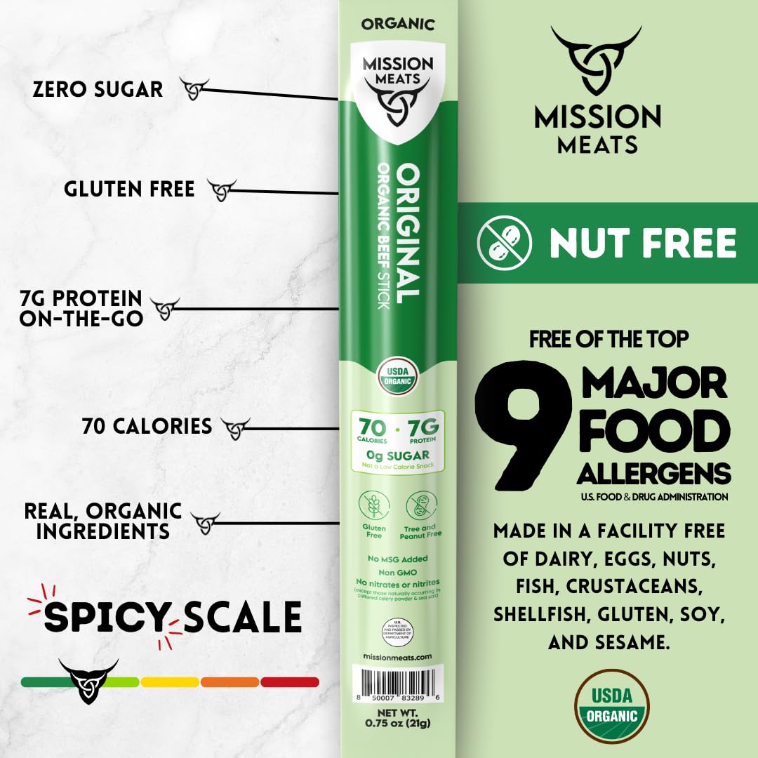 Mission Meats Organic Beef Sticks - Grass Fed & Pasture-Raised, Zero Sugar, Non-GMO, Healthy Organic Snacks, Individually Wrapped Meat Sticks, 0.75oz