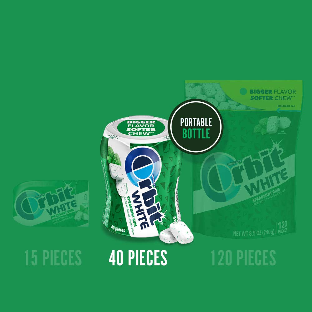 ORBIT WHITE Spearmint Sugar Free Mint Sugarless Fresh Breath Chewing Gum, 40 Piece Resealable Bottle (Pack of 4)
